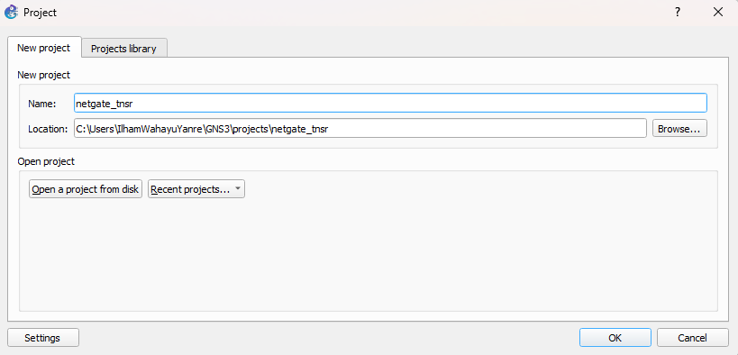 GNS3 New Project Gambar 1. GNS3 New Project